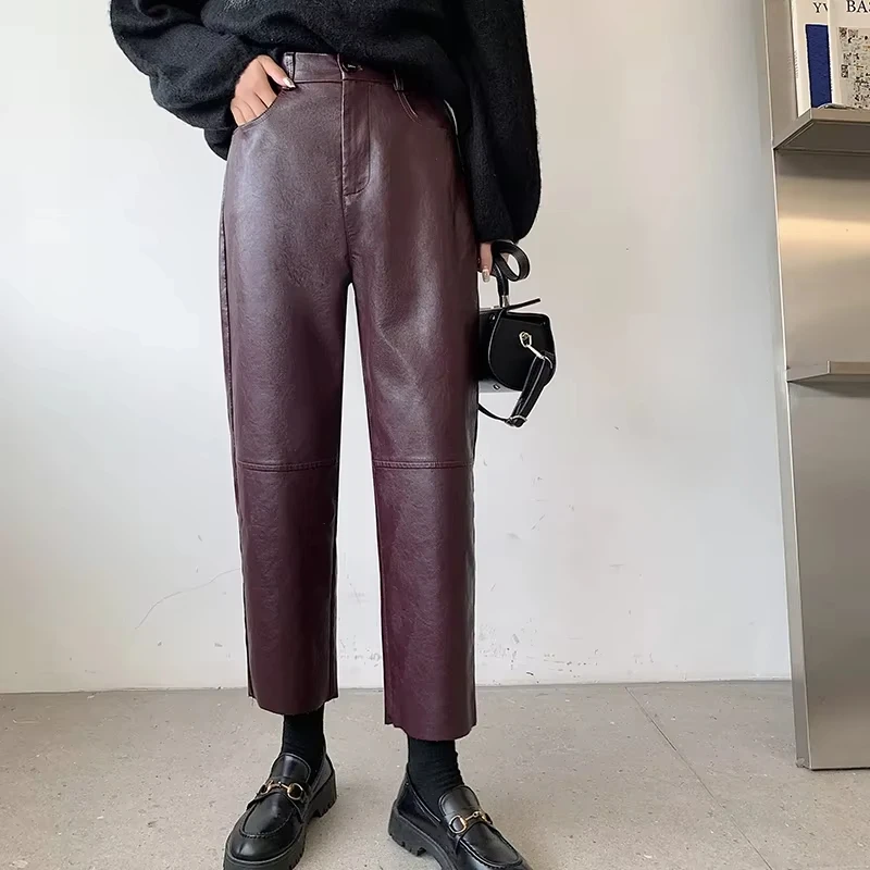 

Seoulish Autumn Winter PU Faux Leather Women's Wide Leg Pants High Waist Female Casual Loose Ankle Length Trousers