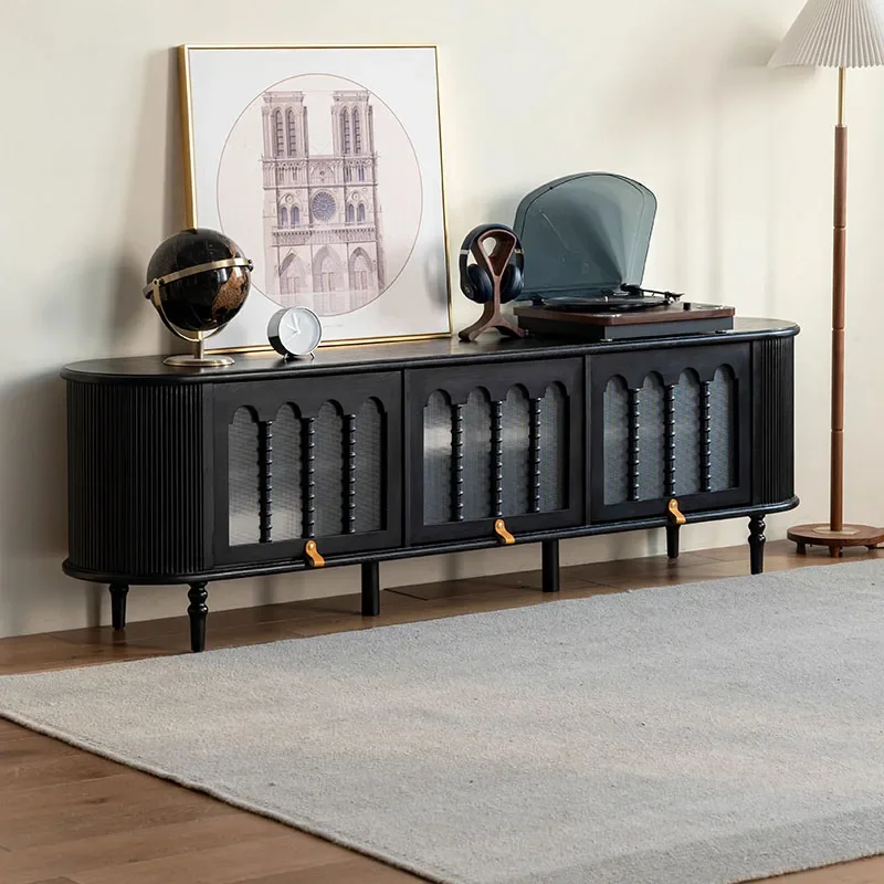 

Matte Black French Country TV Stand Set Solid Wood Coffee Table Farmhouse Compact American Living Room Floor Cabinet