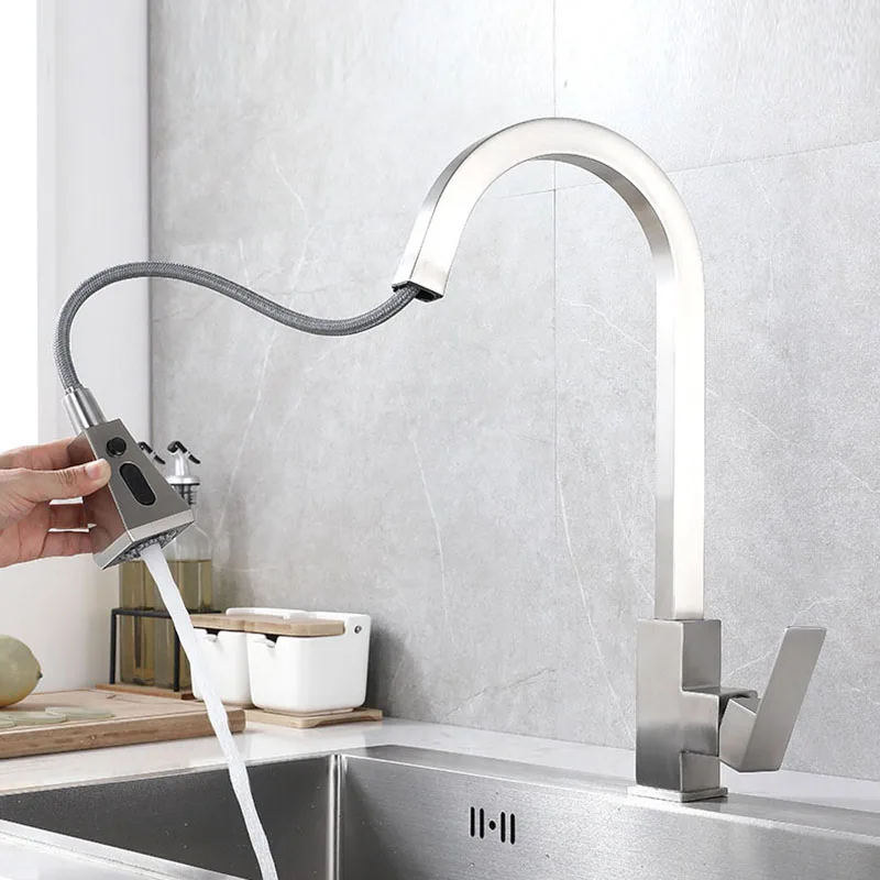 

Nickel Kitchen Pull-out Faucet 304 Stainless Steel Double Mode Hot And Cold Mixed Wash Basin Faucet Square Kitchen Sink Faucet