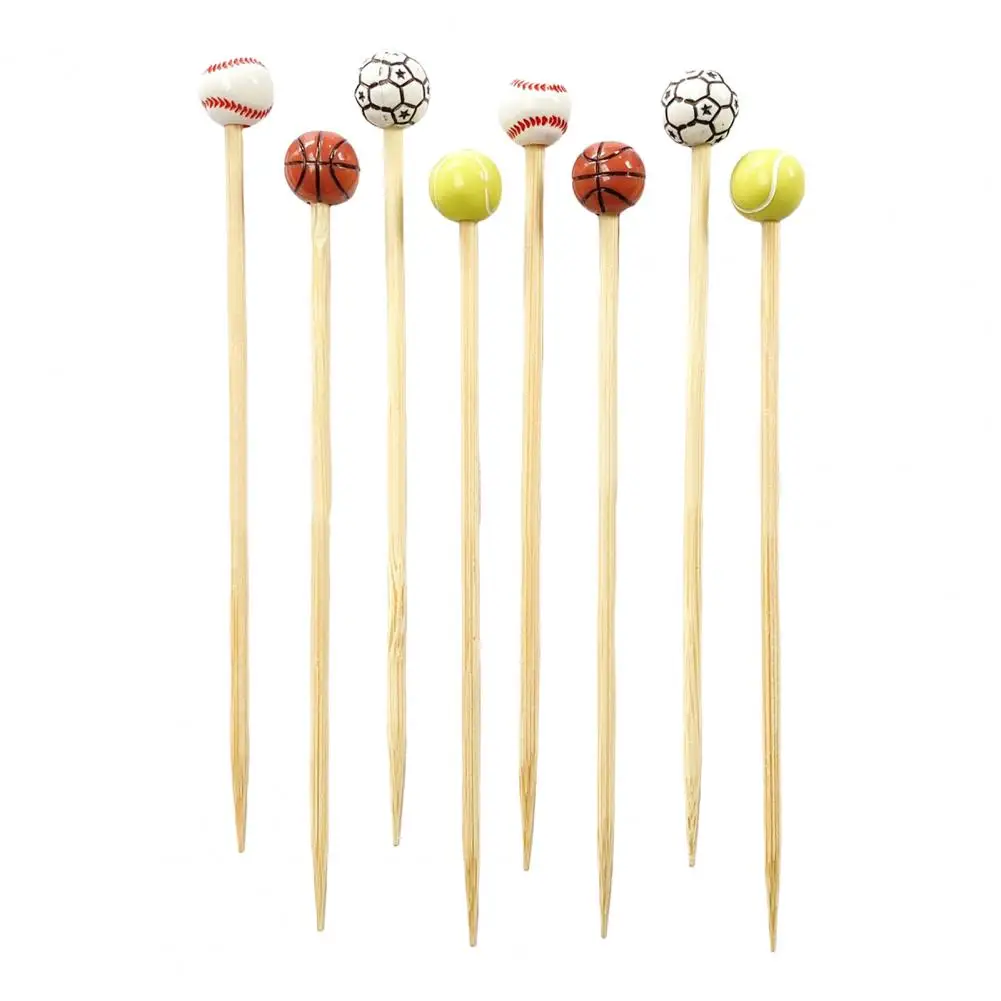 Sports Ball Bamboo Picks 100 Pcs Baseball Basketball Tennis Bamboo Cocktail Picks Sports Ball End Skewers 4.7