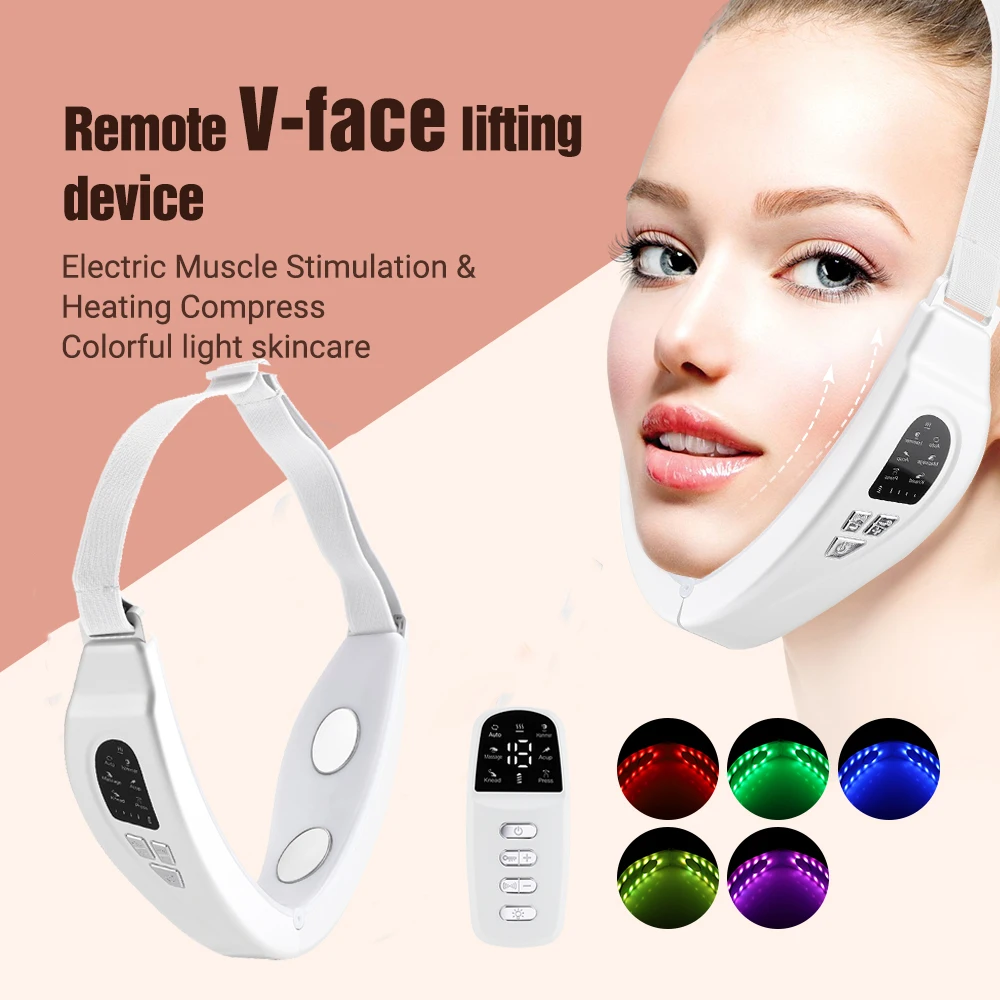 LED Phototherapy EMS Pulse Face Lifting Massager Vibration Heating Facial Slimming Massage Beauty Device Double Chin Remover