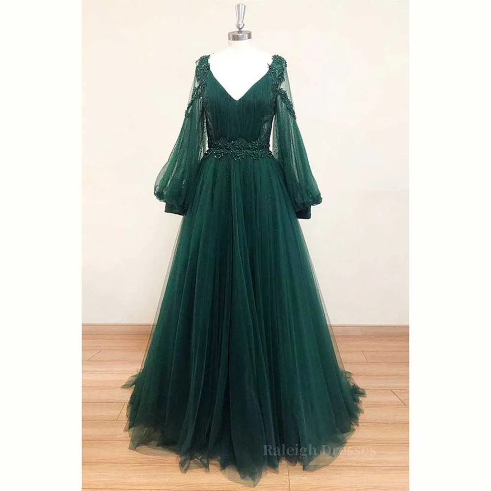 High Quality Green Evening Dresses Luxury 2024 V-Neck Floor Length A-Line Full Sleeves Elegant Fashion Chic Women Prom Gowns