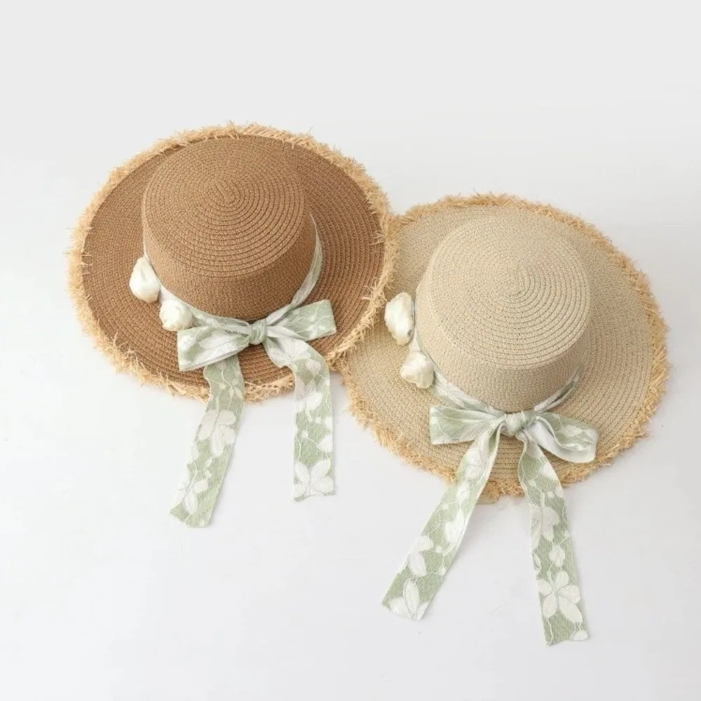 

Breathable Flat-Top Straw Hat French-Style with Rose Flower Summer Straw Hat Sun Protection Green Lace Ribbon Beach Hat