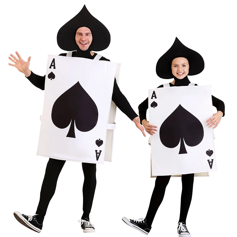 Unisex Parent-Child Poker Playing Card Ace of Spades Costume for Kids Adult Girls Boys Women Men Tunic Hat Suit