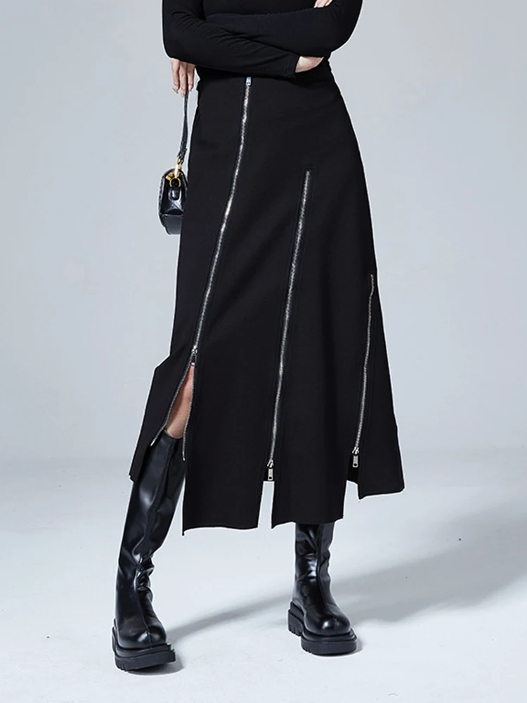 [EAM] High Waist Black Zipper Irregular Design Long Casual Half-body Skirt Women Fashion Tide New Spring Autumn 2024 1DF0628