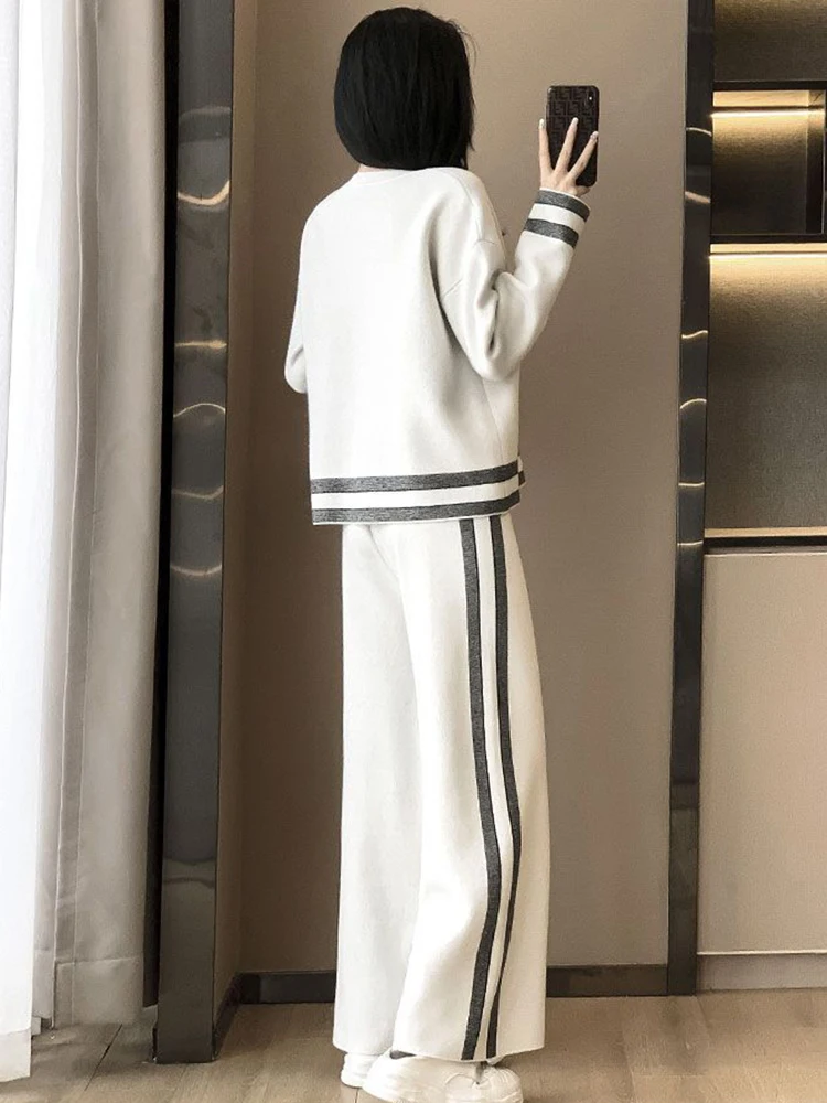 Loose Casual Striped Tracksuit Long Sleeved Sweatshirts Tops Conjunto High Elastic Waist Wide Leg Pants Suit Women Korean Sets