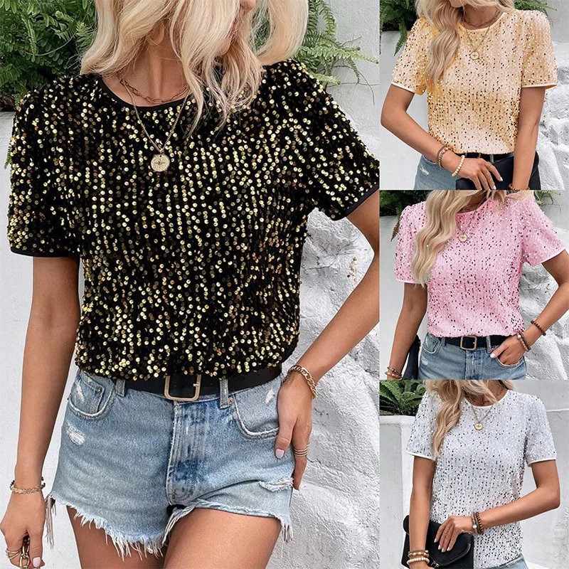 Summer Sequin T Shirt Women Fashion Solid Color All-match O Neck Short Sleeves T Shirts Tops Trendy Streetwear Lady Tees Top view 6