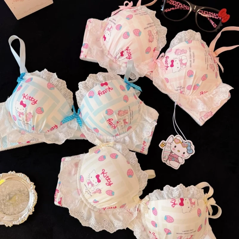 

Cute Girl Sanrio Bra Hello Kitty Cartoon Anime No Steel Circle Print Lace Edge Accessories Pure Desire Bra Cute Clothes Set