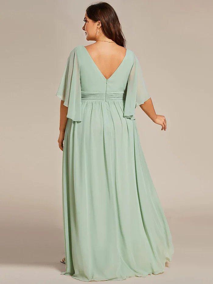 Sempre bonita-vestido de dama de honra chiffon plissado, cor verde, v pescoço, cinto, fenda alta