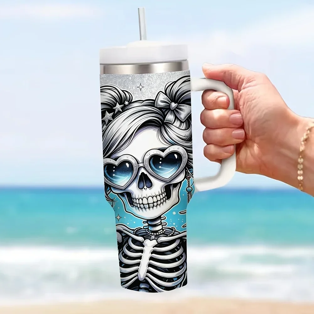 40Oz Insulated Tumbler with Handle, Cool Skeleton Girl Dance Like Magic Print, Keeps Drinks Cold And Hot, Suitable for Daily Use, Travel, Party And Outdoor Activities