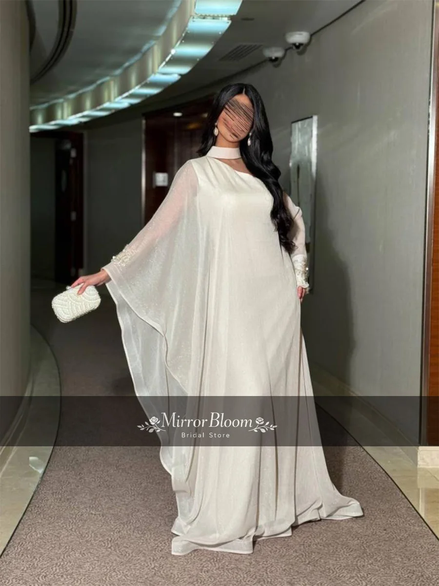 

Elegant White Muslim Abaya Dress A line Women O Neck Kaftan Formal Evening Gown Beaded Dubai Dresses Floor Length Customized