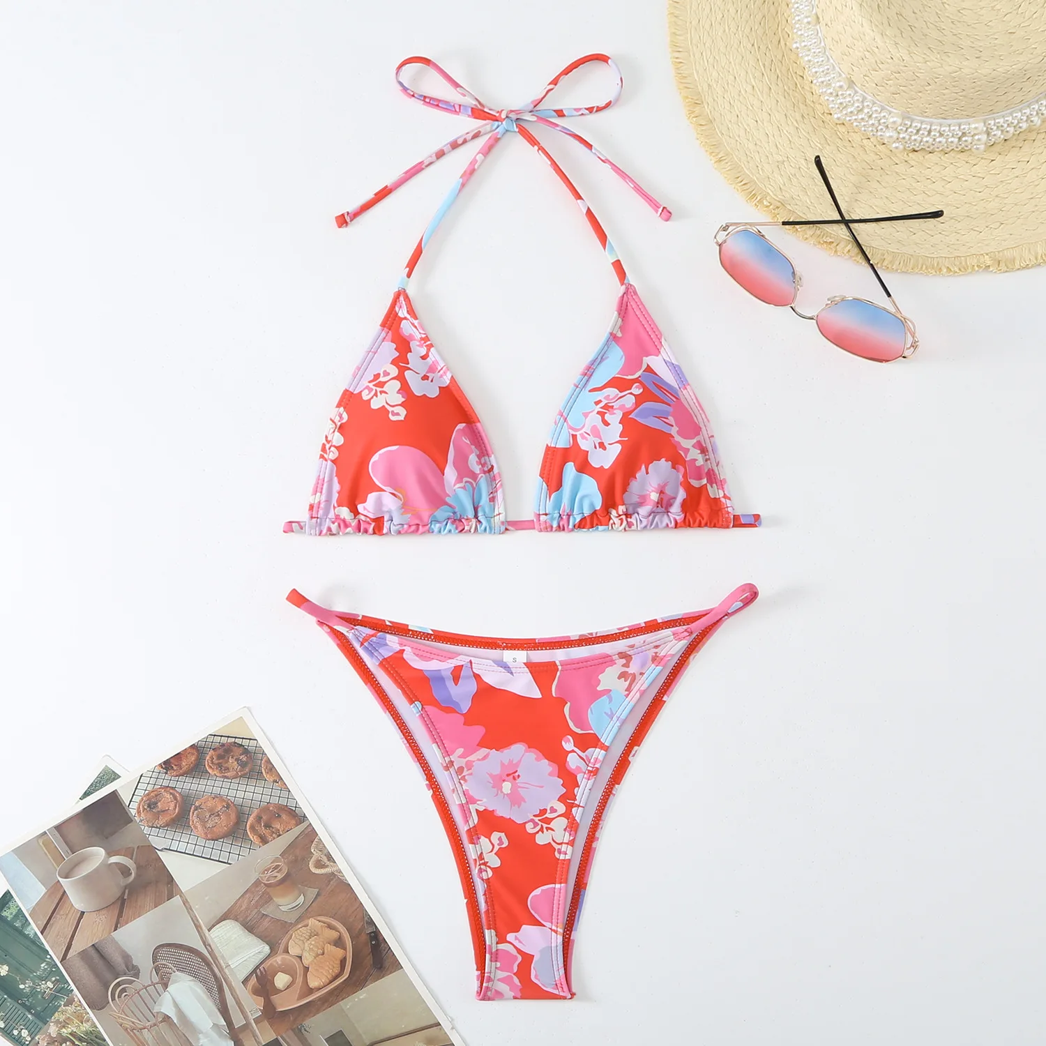 Sweet Colorful Print Bikini Set Triangle Tie-strap Wrap Sexy Bandage Swimsuit 2023 New High Wasit Thong Swimwear Bathing Suit