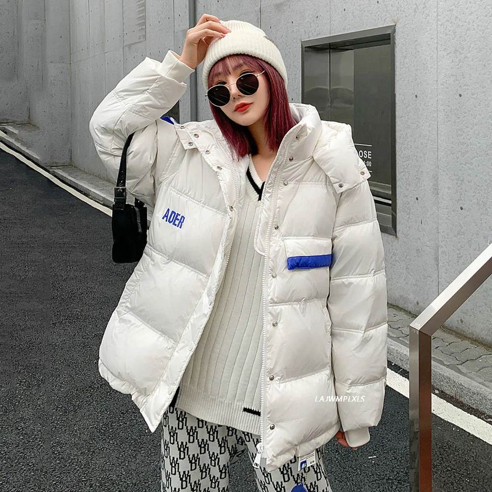 Inverno nuova giacca con cappuccio moda donna stile coreano colore sciolto contrasto 90% piumino d'anatra bianco parka bianco/nero