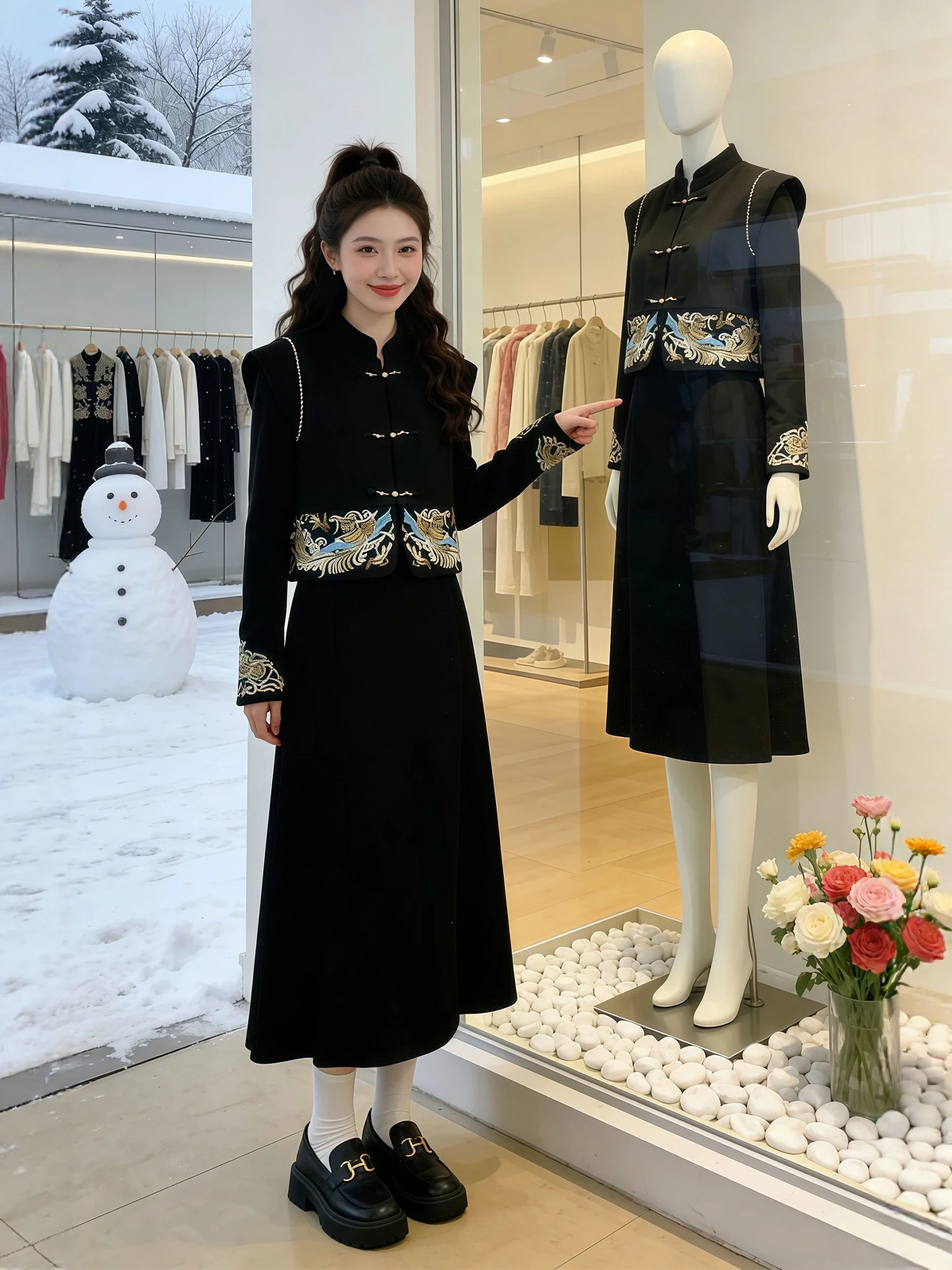

New Chinese Sle Winter Faion Women's Long Sve Dr And Vest Set plus Size High Waist Slim Fit Biijie No Elastici