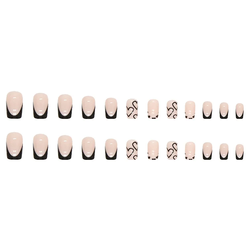 24pcs/set Black Love Heart Medium Square Full Cover Nails Press on False Nail Sztuczny klej wielokrotnego użytku French Nails Manicure