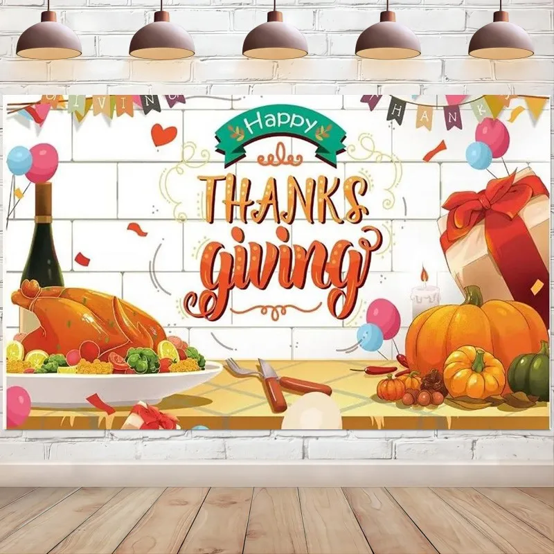 

Happy Thanksgiving Backdrop Fall Pumpkin Turkey Friendsgiving Background for Photography Party Decoration Banner Studio Props