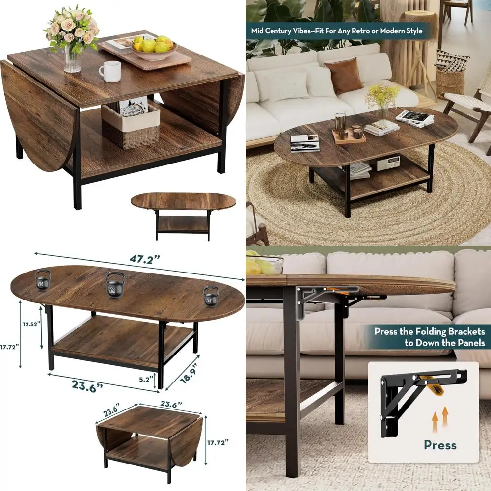 Mid Century Modern Two-Tier Folding Coffee Table for Small Living Rooms with Storage