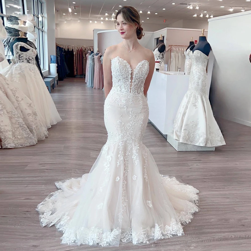 Mn Sweetheart-Robe de mariée en dentelle ivoire pour femme, robes de patients sirène, train de balayage, appliques éducatives