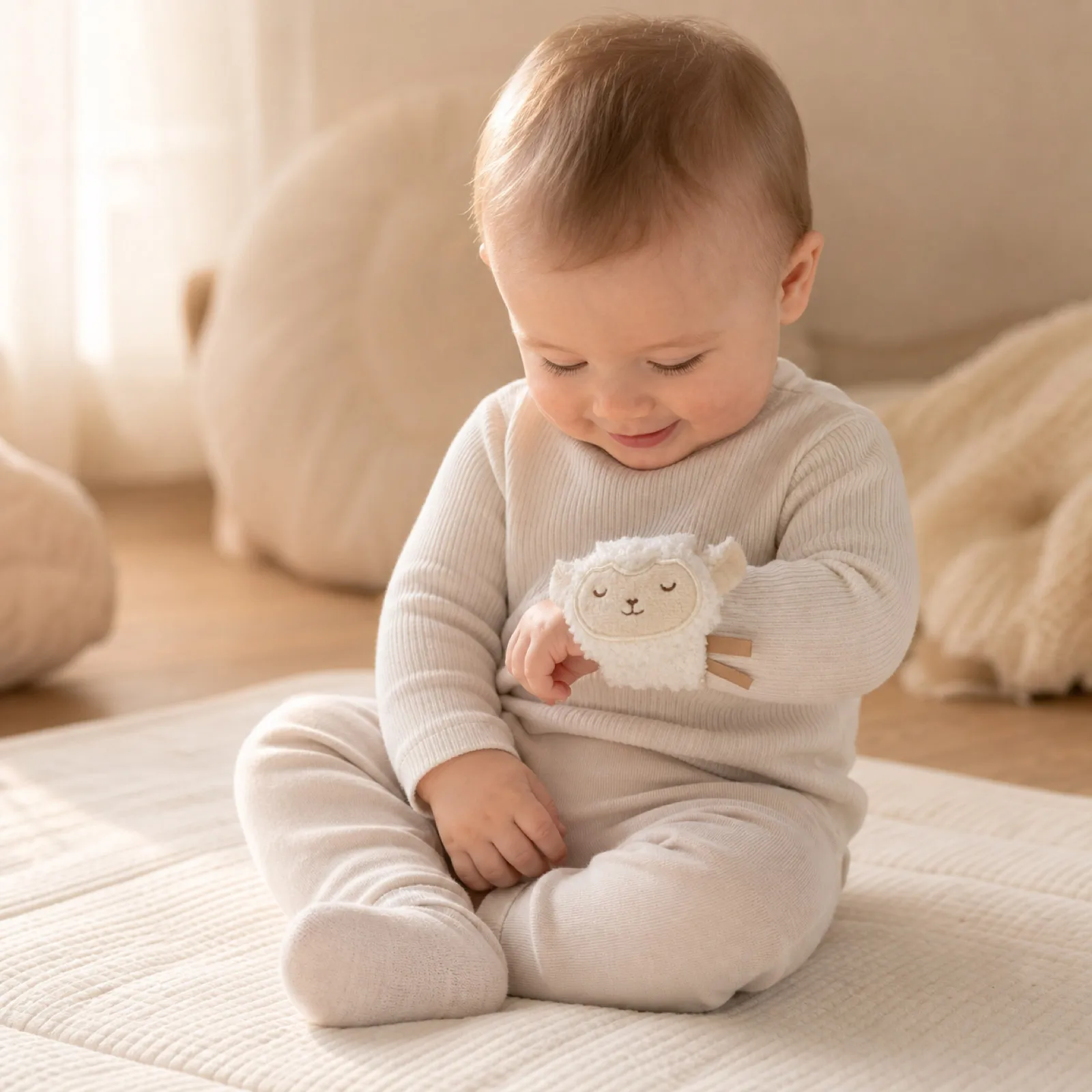 Montessori Baby Wrist Rattle - Soft Lamb Sensory Toy with Crinkle Sound for Newborn 0-12 Months, Fine Motor Skills Development G