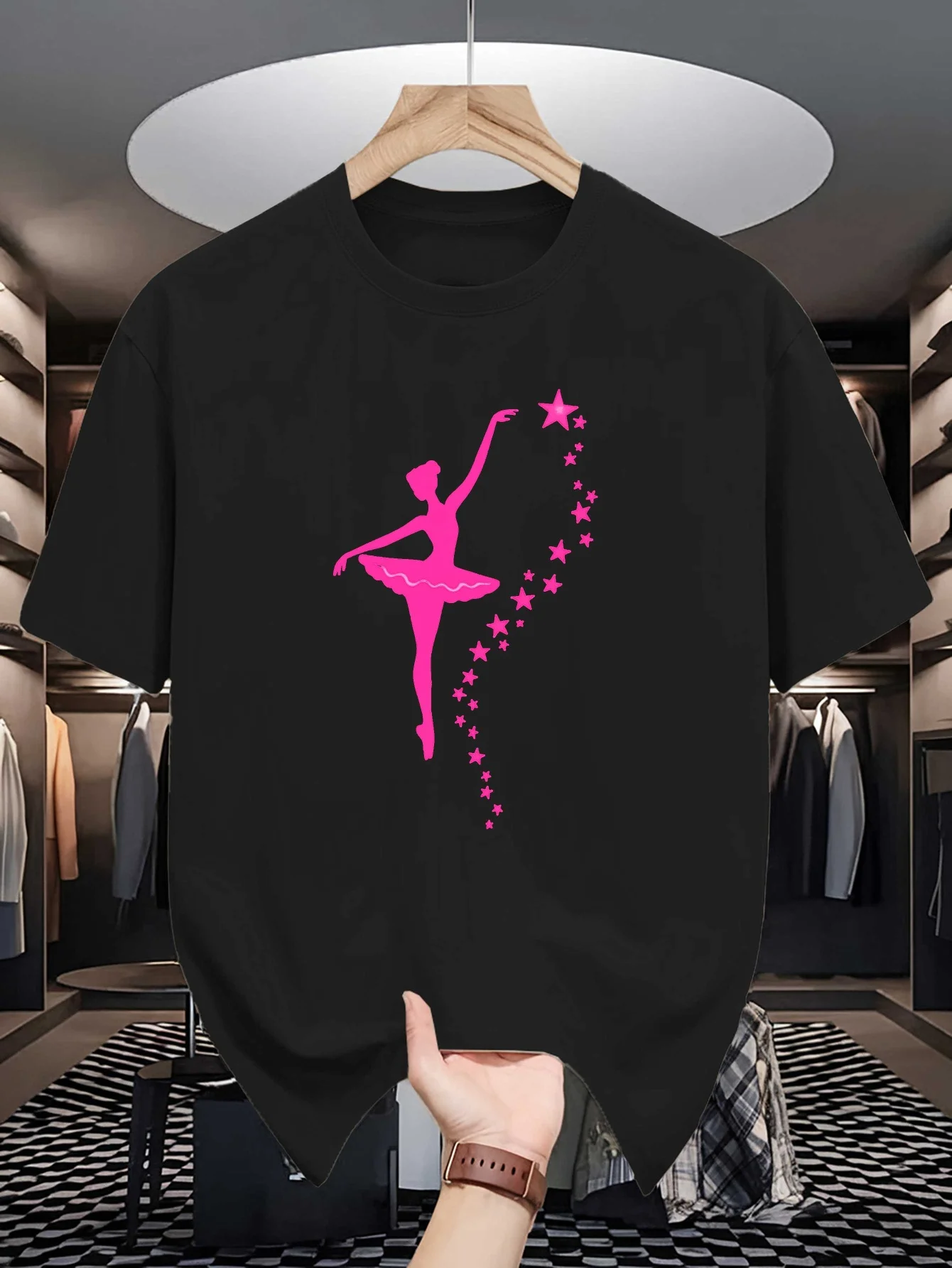 Ballet Lover Men Short Sleeve Tshirt Graceful Pink Dancer Star Stream Silhouette Print O Neck Tee Dance Art Male Casual Tops