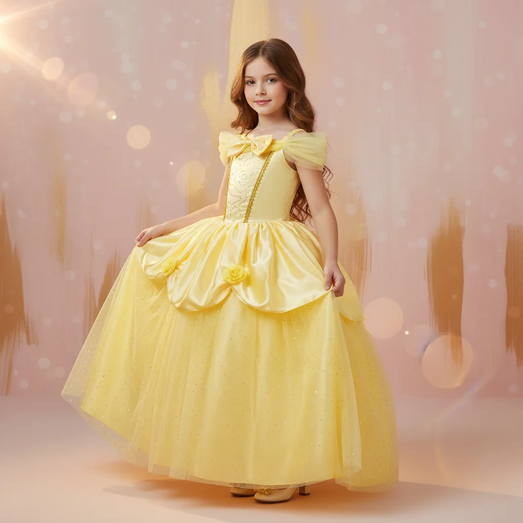 

Нежное атласное платье-тюль в стиле принцессы с блестящими деталями, пышный костюм для девочек на карнавал или день рождения