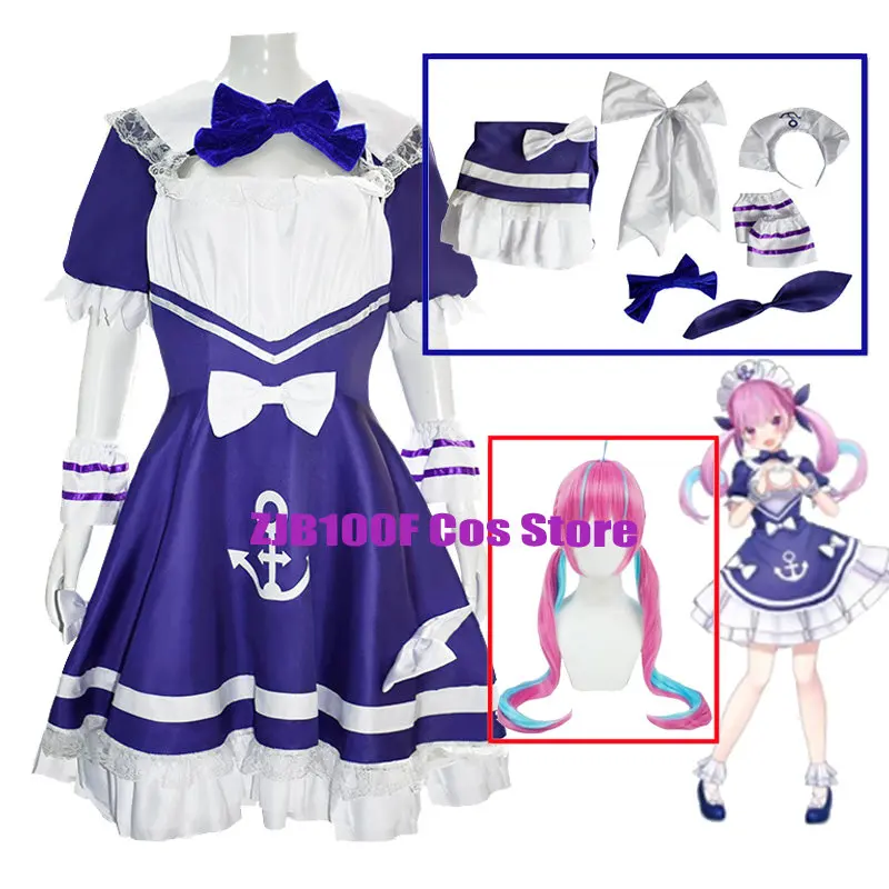 

VTuber Minato Aqua Cosplay Anime Hololive Debu Cosplay Costume Wig Woman Maid Dress Uniform Hallowen Role Play Suit