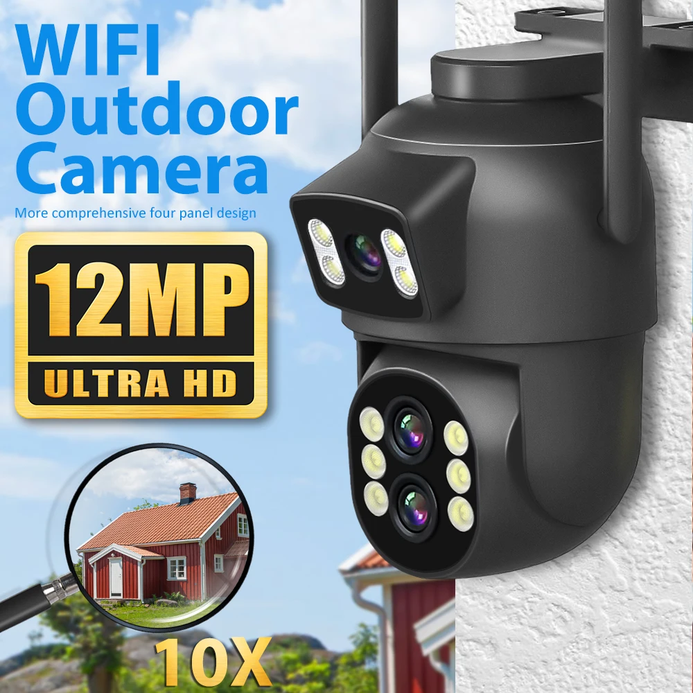 กล้อง Wifi 6MP 12MP กลางแจ้งกล้องวิดีโอ CCTV สามเลนส์ซูม10X สามเลนส์สองหน้าจอระบบติดตามอัตโนมัติการเฝ้าระวังการป้องกัน