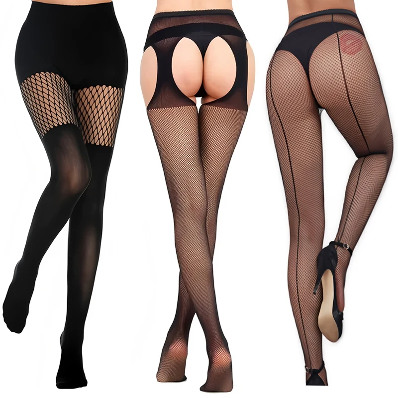 Fashion Black Hollow-Out Goth Fishnets Pantyhose Faux Thigh High Tights Mock Suspender Pantyhose Sexy Goth Fishnets Stocking