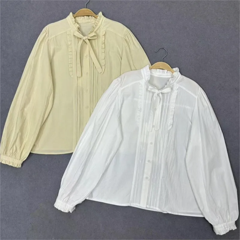 

Johnature 2024 Spring Korean Casual Lace-up Long-sleeved Shirts New Solid Color Patchwork Ruffles Loose Simple Women Blouses Top