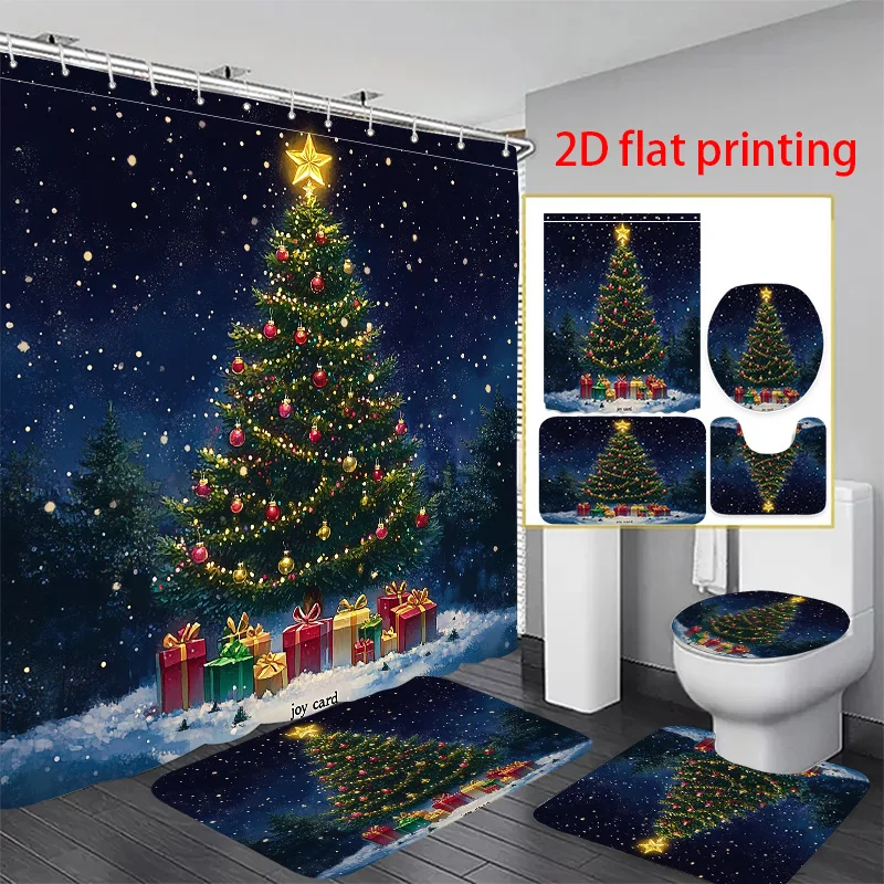 

4pcs 2D flat printing Hower Curtain Shower Curtain Set A festive Christmas tree with presents under snow. Suitable for Home
