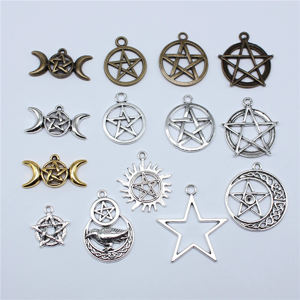 10pcs Charms Witch Star Pentagram Tibetan Bronze Silver Color Pendants Antique Jewelry Making DIY Handmade Craft Pendant