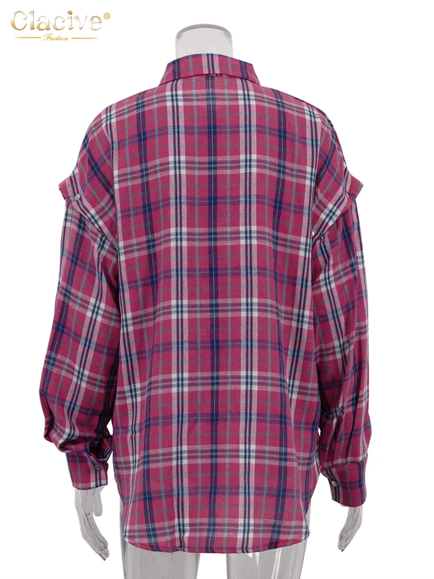 Clacive Vintage Loose Pink Plaid Women's Blouse Fashion Removable Lapel Long Sleeve Shirts Elegant Classic Top Female Clothing