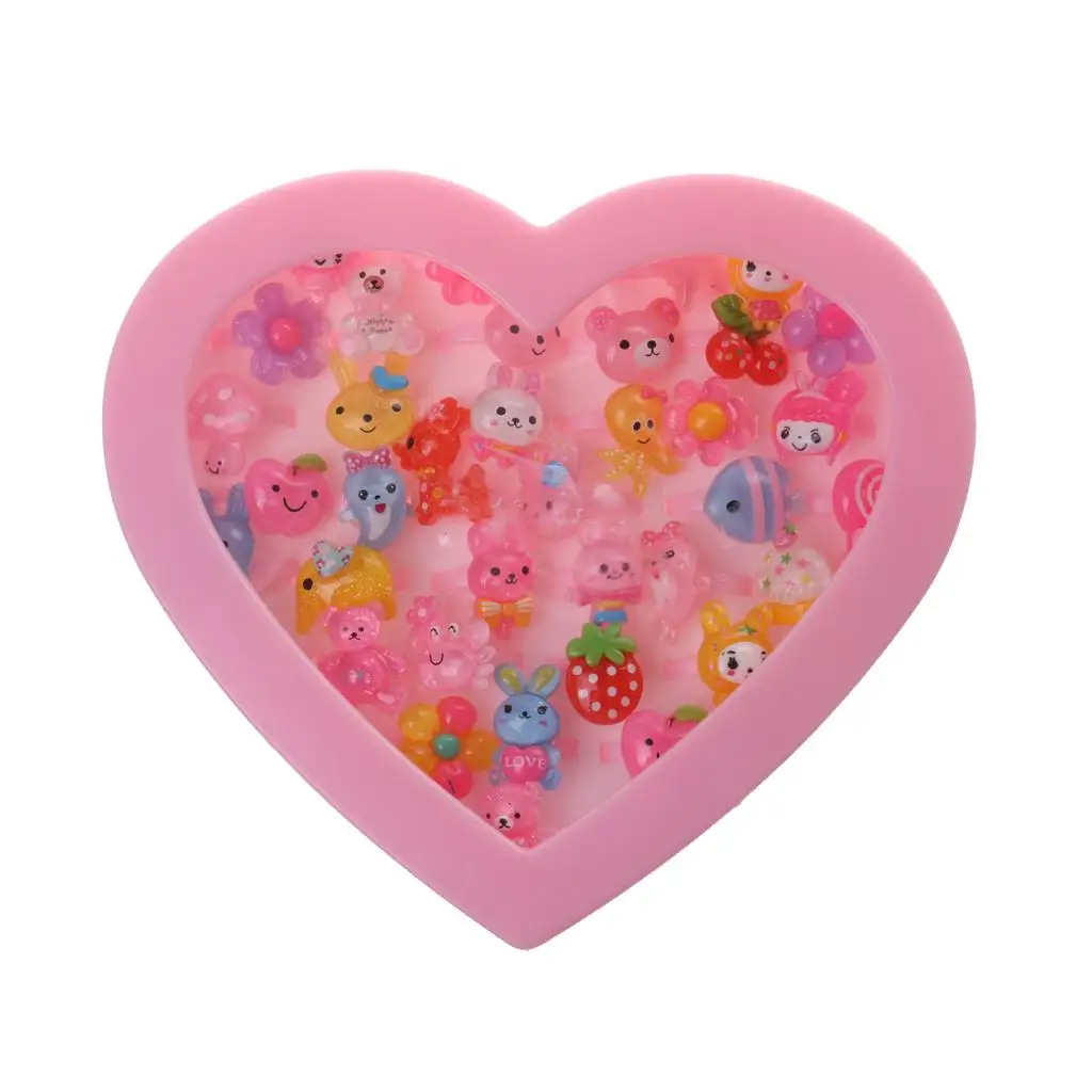 Colored Jewelry Ring Set Cute Plastic Adjustable Rings for Girls Rings for Children Pink Heart Box Party Bag Fillers