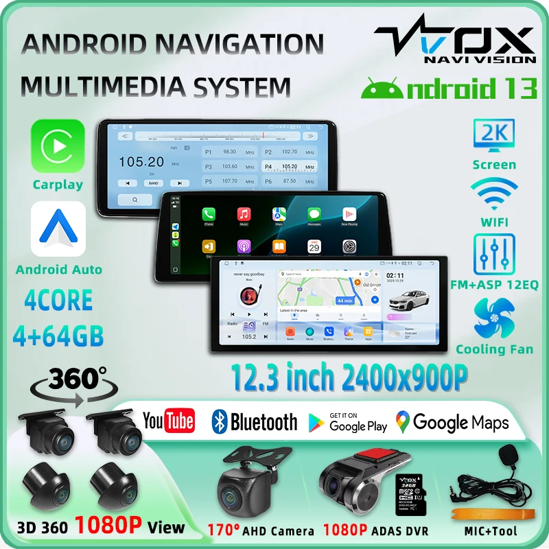 12.3 polegadas universal android navegação multimídia vídeo rádio player 2400x900p 2k tela sem fio carplay 360 câmera de ré