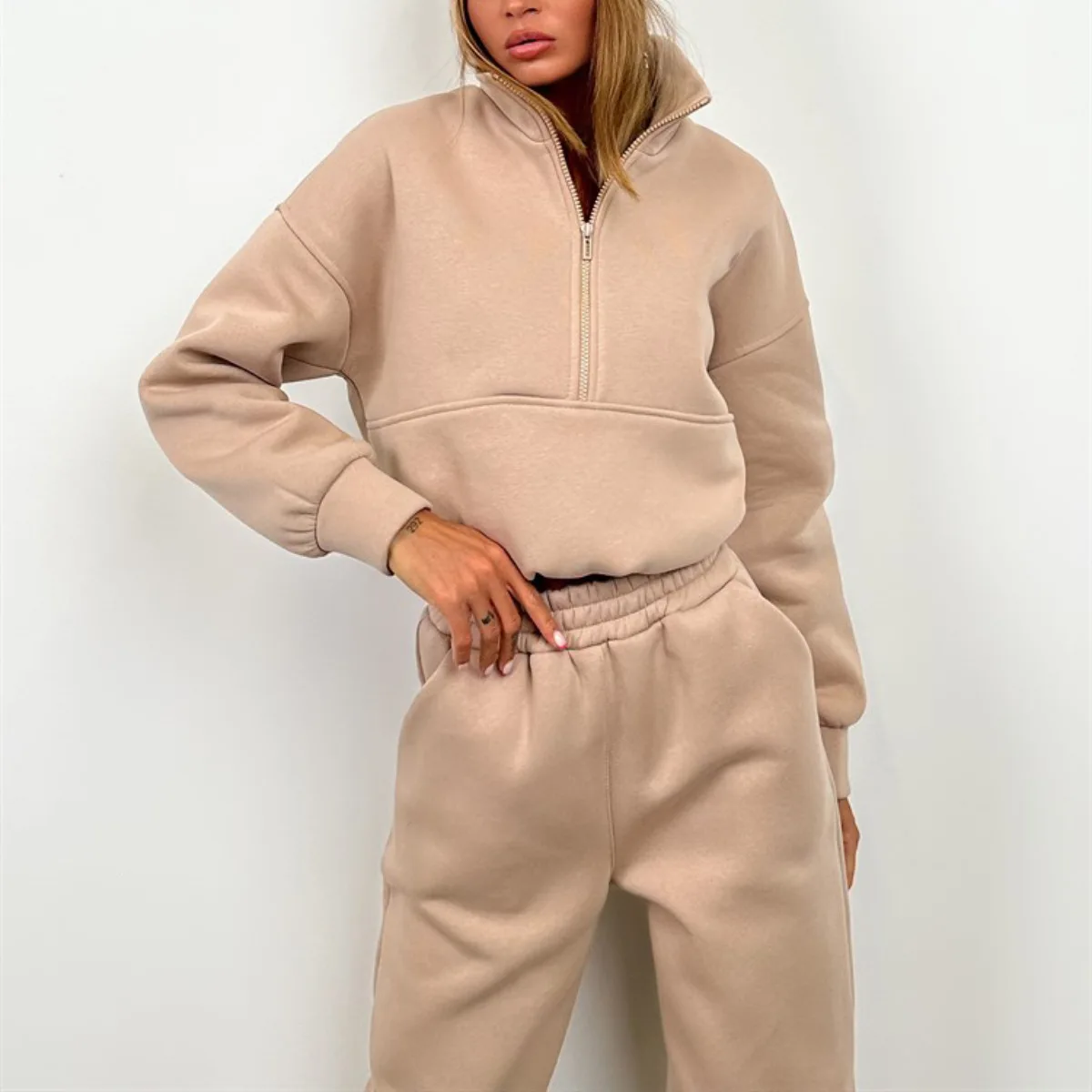 Women Two Piece Sets Pant Sets High Waist Turn Down Collar Pullovers Half Zipper Sweatshirt Solid Long Sleeve Autumn Winter