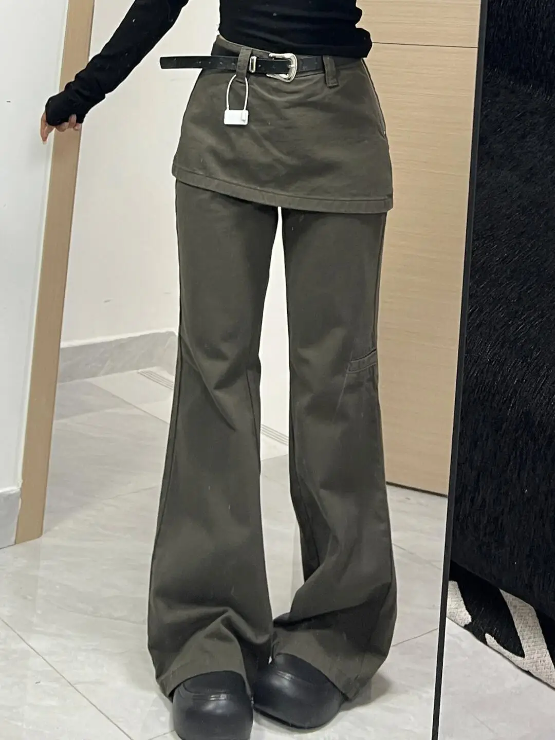 Harajuku Patchwork High Waist Flared Jeans Female Retro Green Y2K Pants Hight Street Women's Vintage Solid Color Denim Trouser