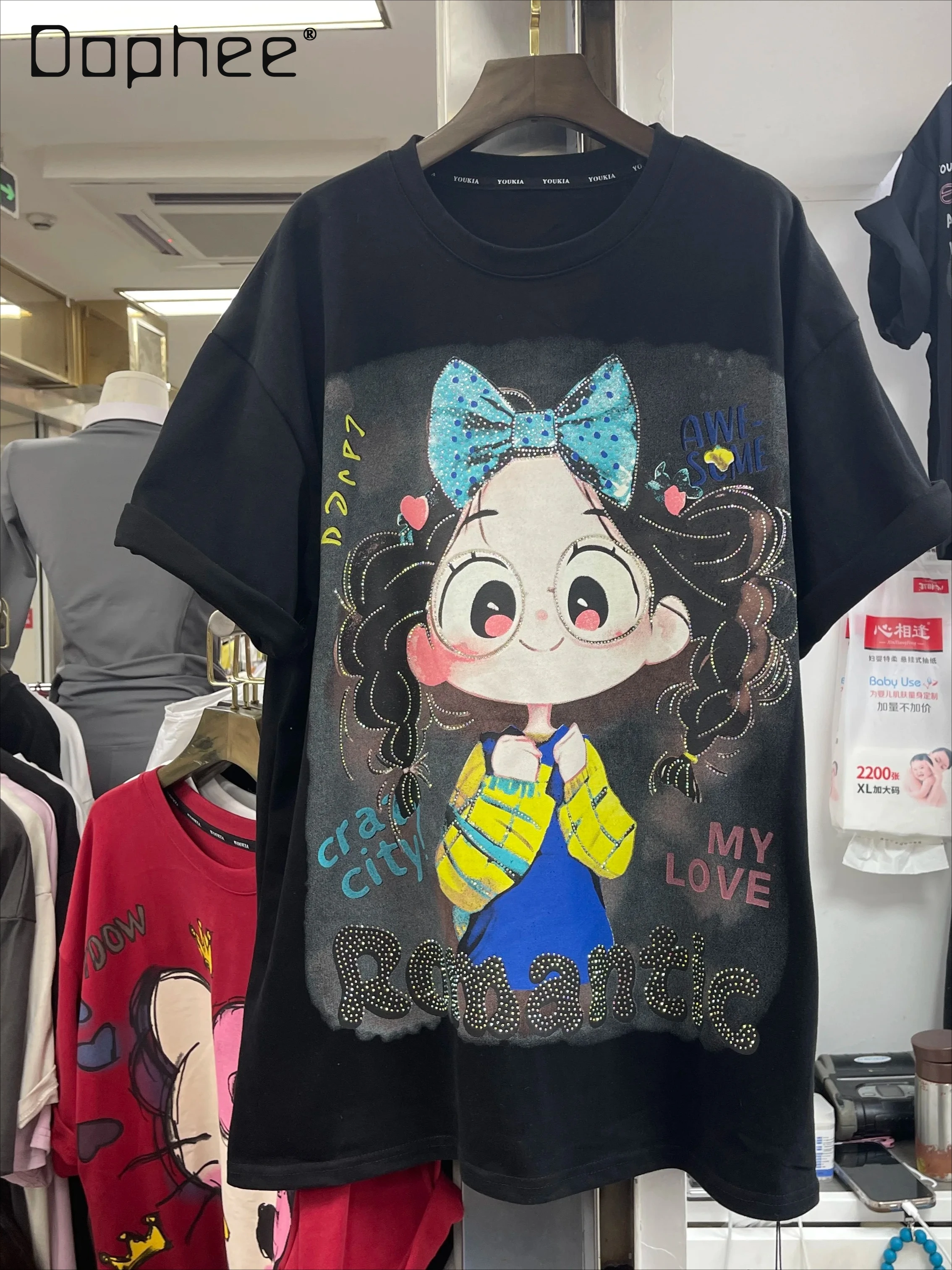 

Cartoon Girl Print Short Sleeve T-Shirt Women Autumn New Heavy Rhinestone Round Neck Loose Casual Versatile Trendy Top