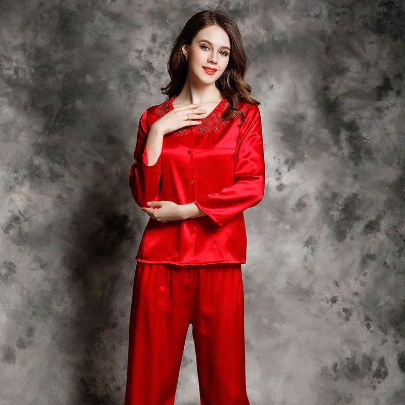 

100% Mulberry Silk Sexy Lace Nightwear PJ Long Sleeve Button Down Tops and Trousers Pajama 2 Piece Suit Pyjama Women's Sleepwear
