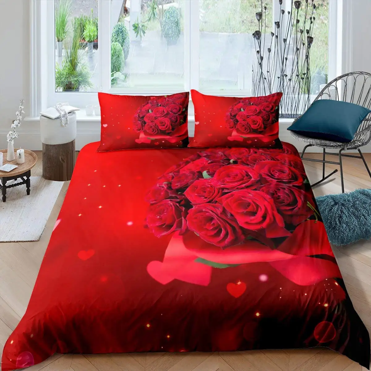 Rose Flower Bedding Set Valentine's Day Duvet Cover Romantic Couple Theme Comforter Cover Red Flower Blossom Petals Quilt Cover