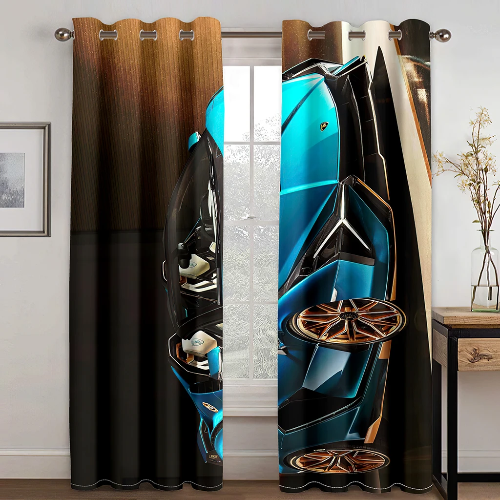 3D Sports Racing Car Printed Windows Curtains for Boys Men Adults Living Room Bedroom Kitchen Window Blinds Curtains Drapes 2pcs