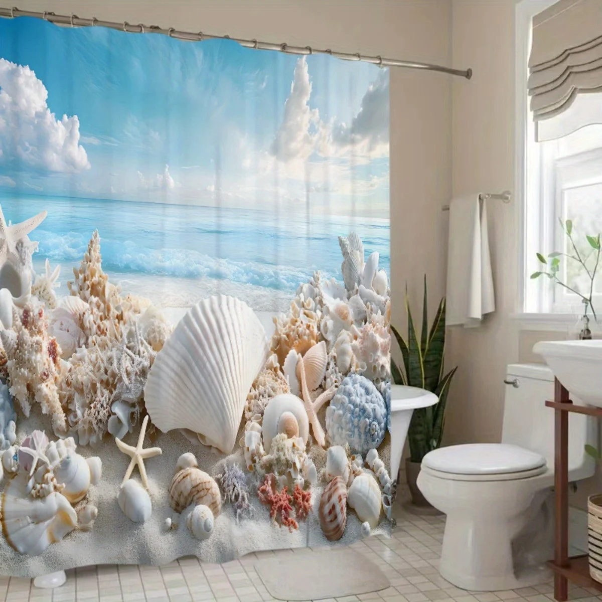 

Занавеска для душа с морскими ракушками, вид на океан, летний прибрежный декор, морская сцена с ракушками и песком, занавески для ванной в тропическом стиле