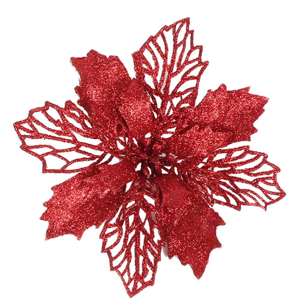 Christmas Poinsettia Flower Decor Poinsettia Artificial Christmas Flowers Decorations Glitter Xmas Tree Flower Ornaments