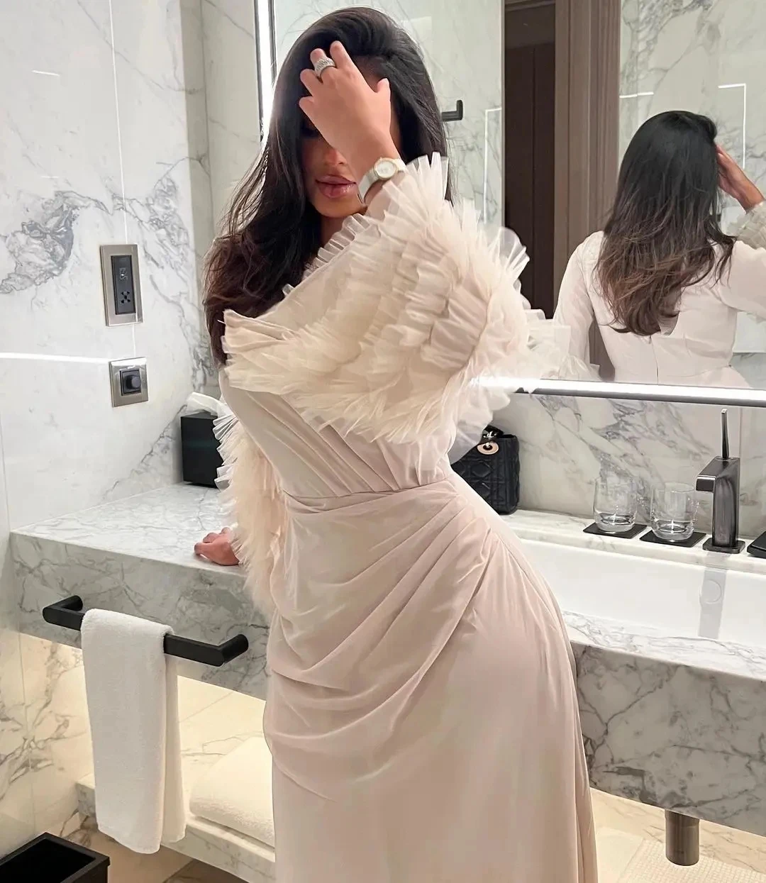 Customized Chiffon Mermaid O-neck Evening Dress Cuff Pleated Three Quarter Sleeves Dubai Arab Ankle Length Porm Dresses