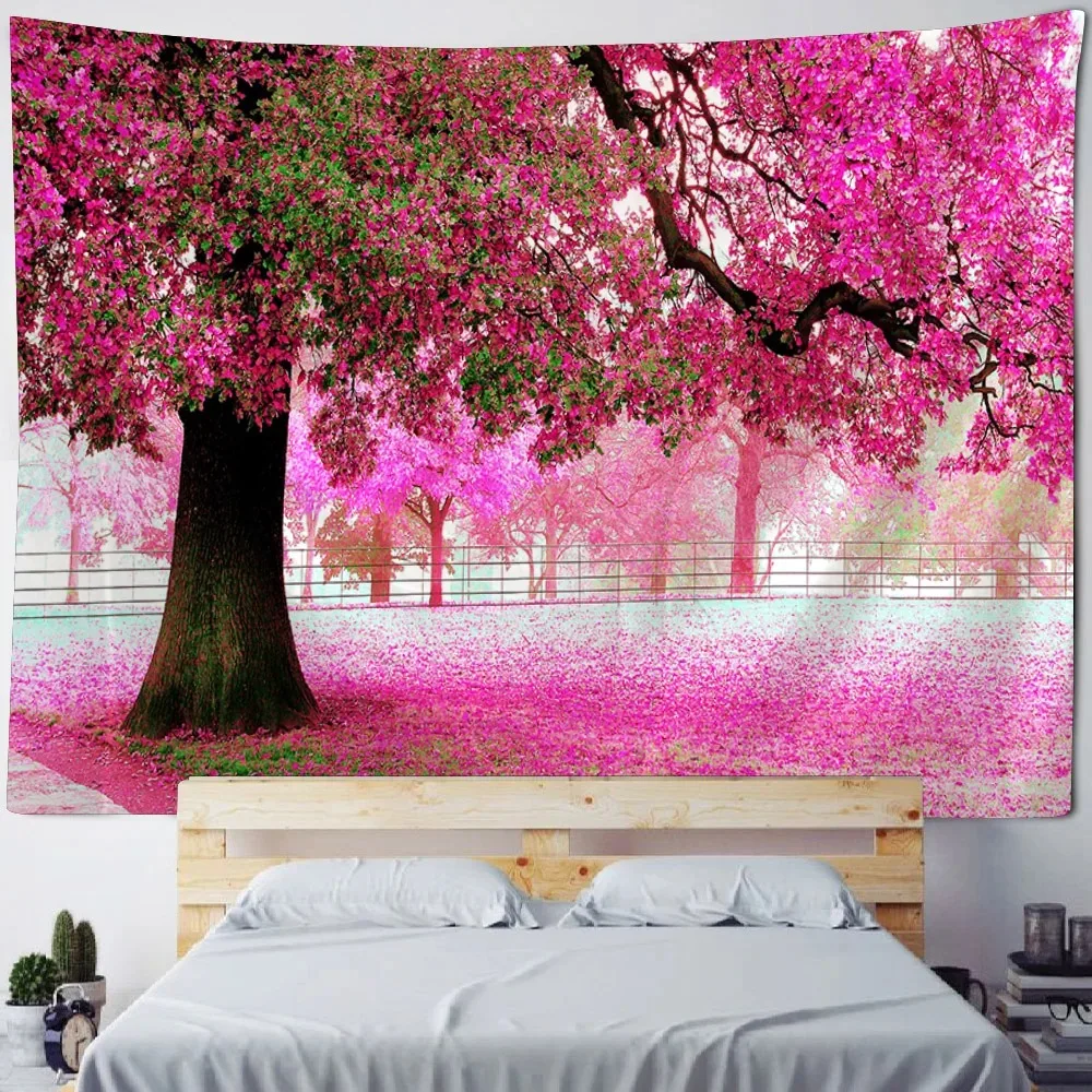 Beautiful natural forest tapestry cherry blossom scenery wall hanging hippie room art wall decoration bohemian home decoration