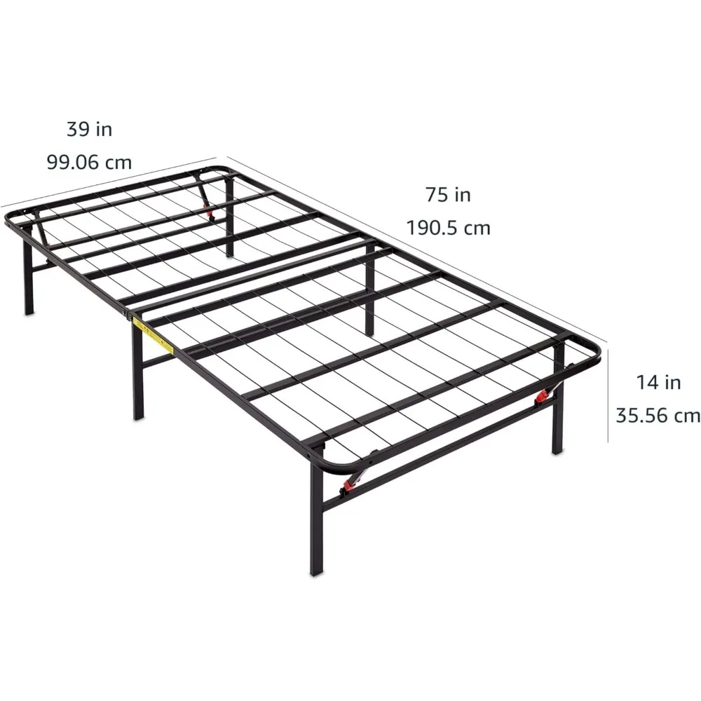 Foldable metal bed frame, tool free setting, 14 inches high, sturdy steel frame, no need for spring box, twin beds, black