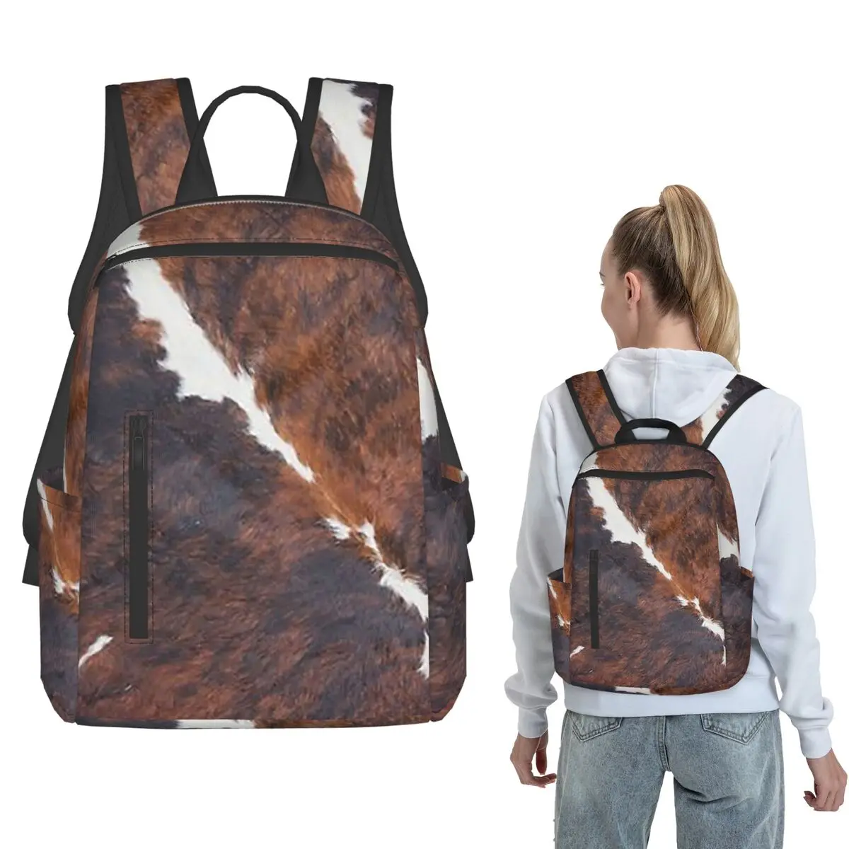 Stylish Cow Fur Cowhide Texture Cow Skin Print Patter Backpack Large Capacity Boys Girls BookBag School Bag Shoulder Bags for