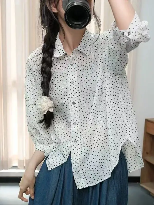 

Artistic Loose Fit Long Sleeve Polka Dot Shirt for Women Spring Autumn Korean Style Casual Versatile Age Defying Clothing