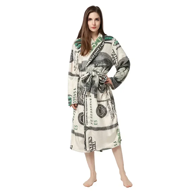 New Winter Nightgown US Dollar Printing Men\'s and Women\'s Home Wear Flannel Thickened Warmth Personality Pajamas Plus Size 2XL