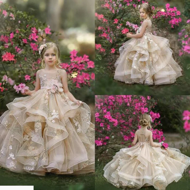 

Classic Flower Girls Dresses For Wedding Fashion Ruffles Beaded Crystal Sash Pageant Gowns Floor Length Kids Princess Birthday