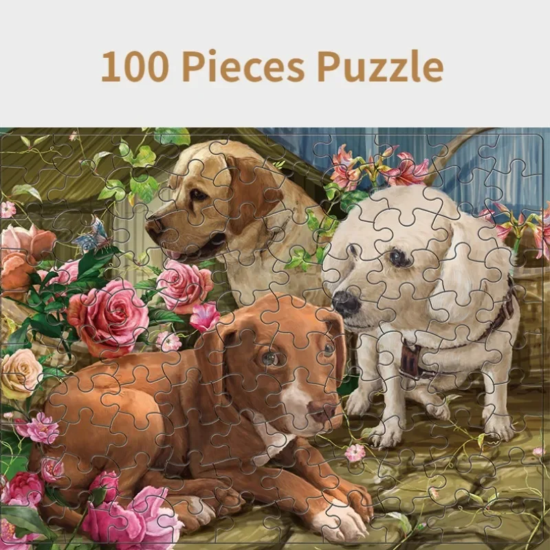 100 Pieces Jigsaw Puzzle Assembling Picture Cartoon Animals Three Dogs with Flower Decompression Puzzles Toy Educational Gifts